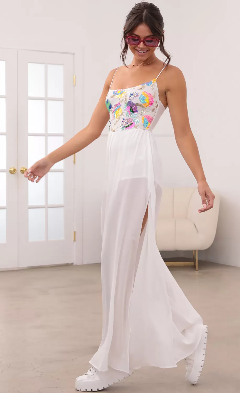 Multicolor Sequin Jumpsuit In White^LUCY IN THE SKY Cheap