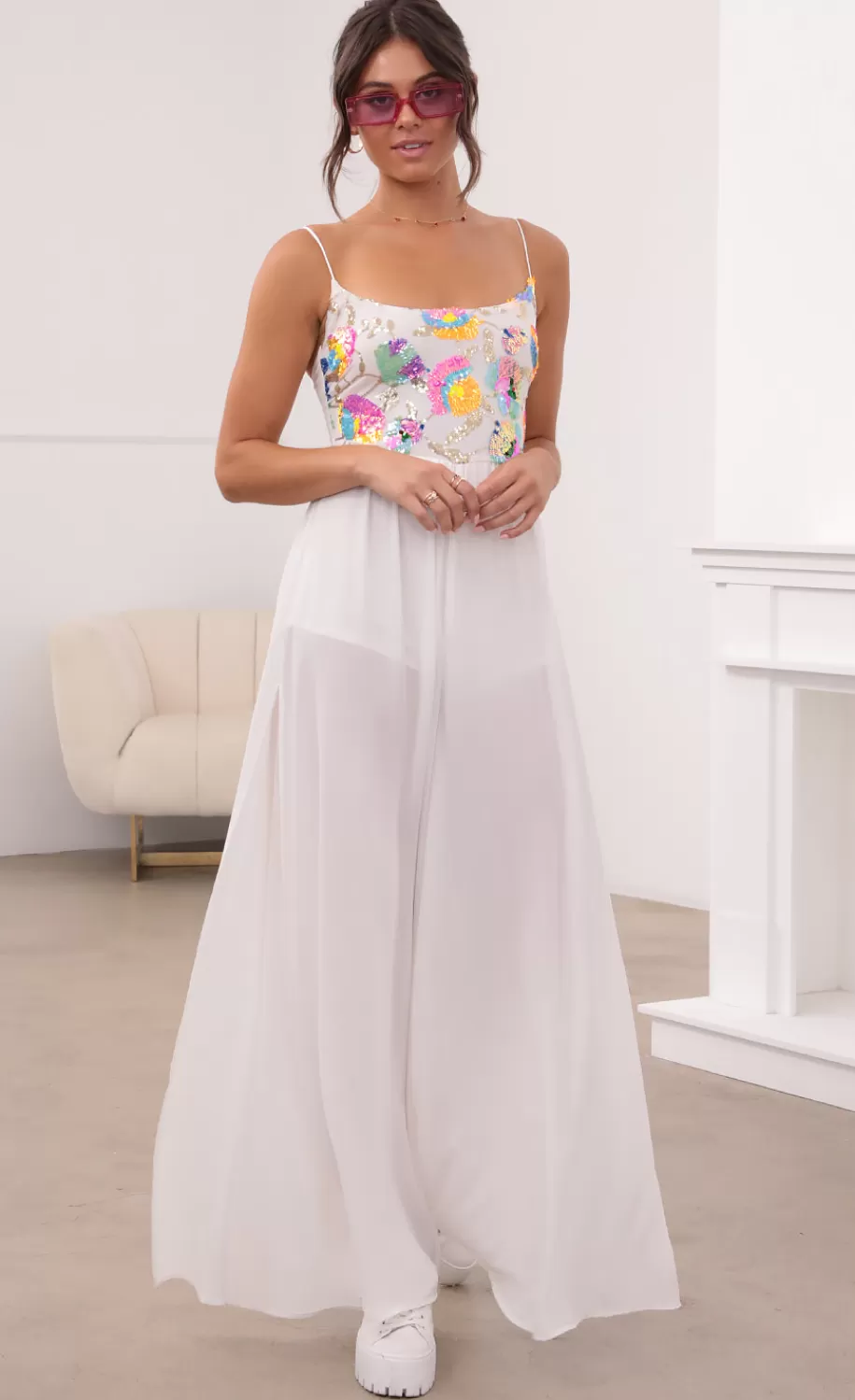Multicolor Sequin Jumpsuit In White^LUCY IN THE SKY Cheap