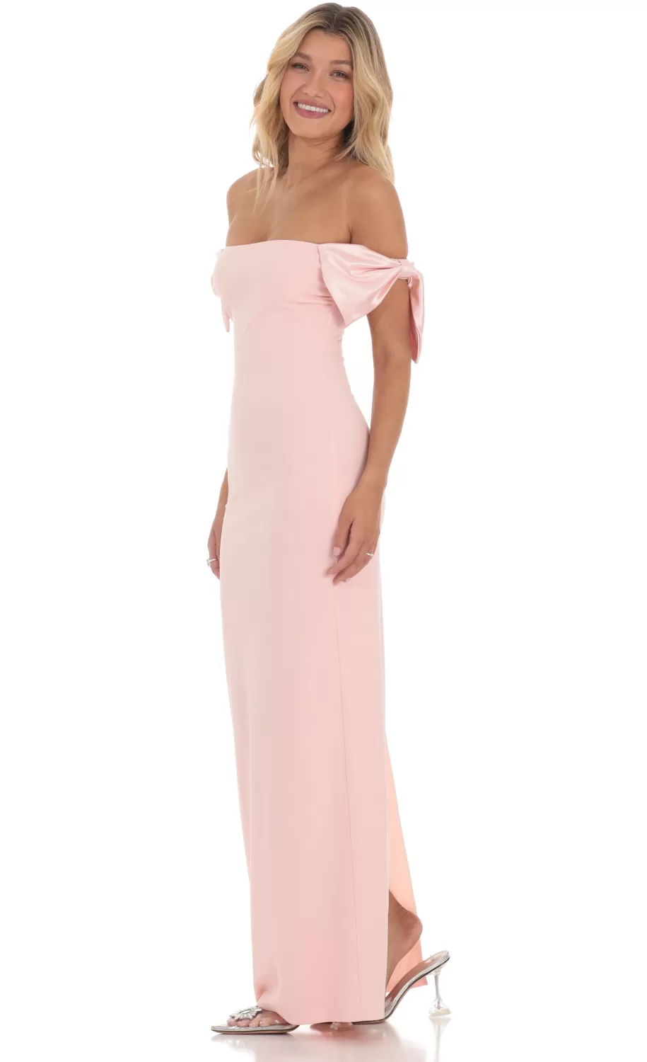 Off Shoulder Bow Sleeve Maxi Dress In Pink^LUCY IN THE SKY Hot