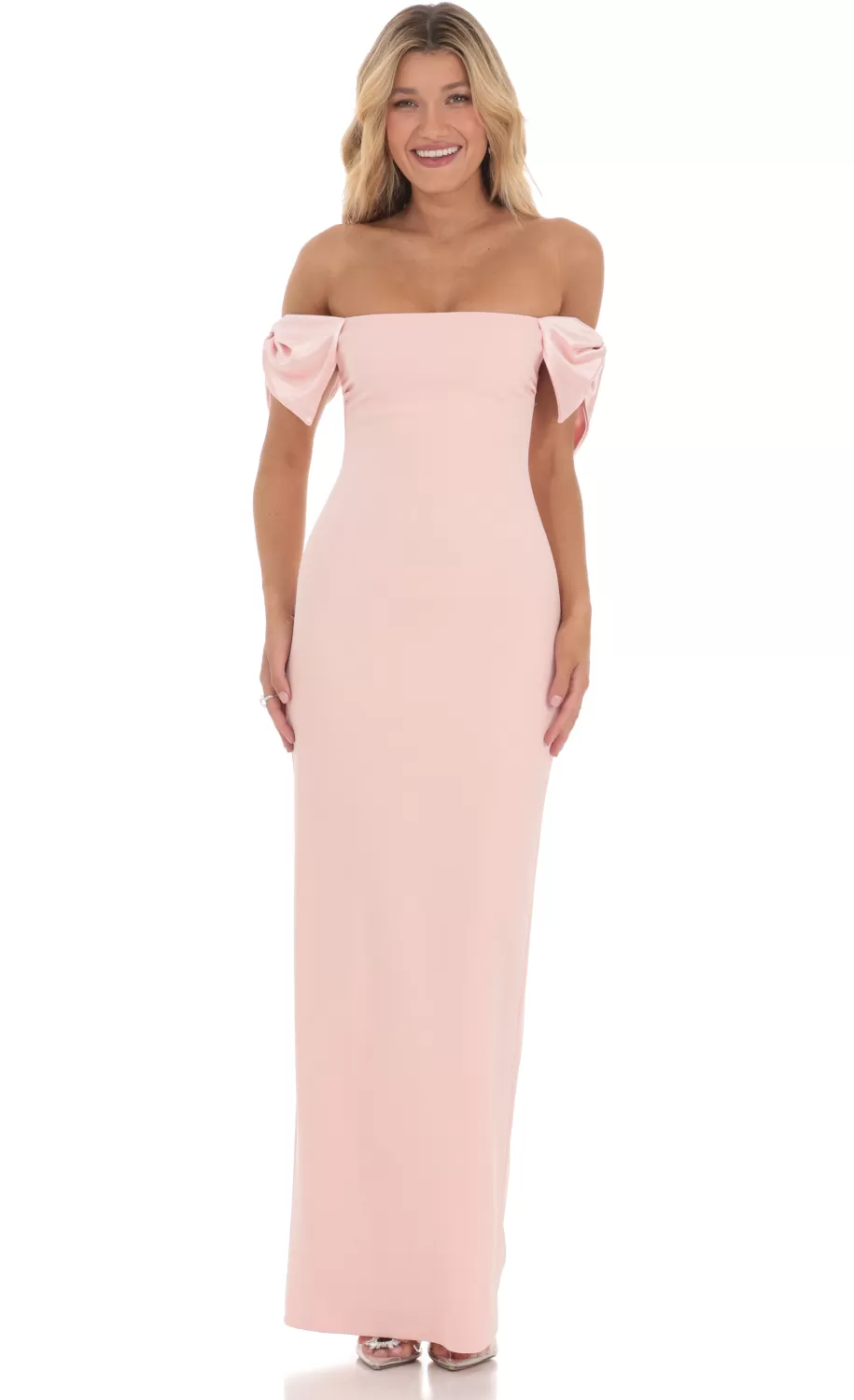 Off Shoulder Bow Sleeve Maxi Dress In Pink^LUCY IN THE SKY Hot