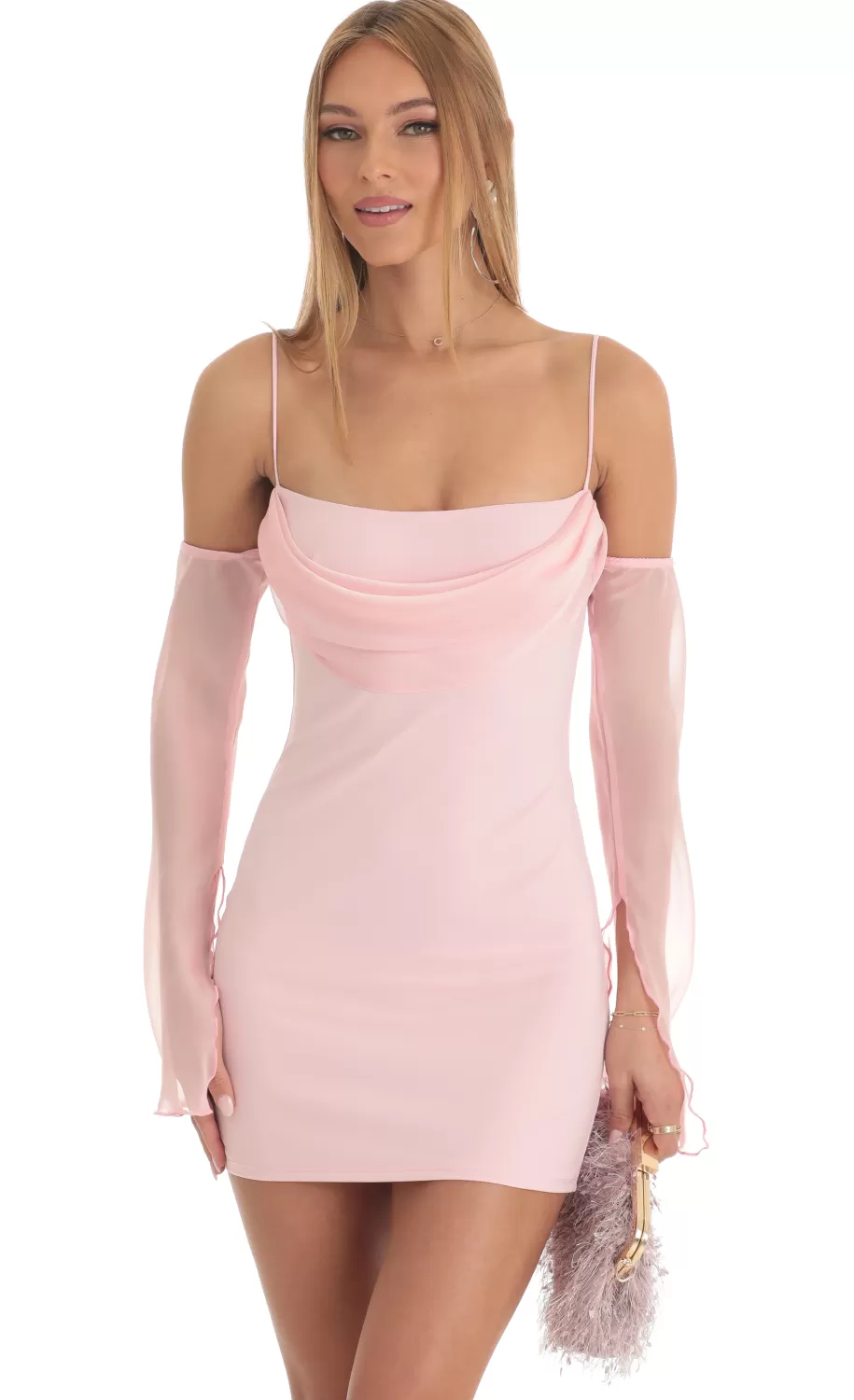 Off Shoulder Cowl Neck Dress In Pink^LUCY IN THE SKY Clearance