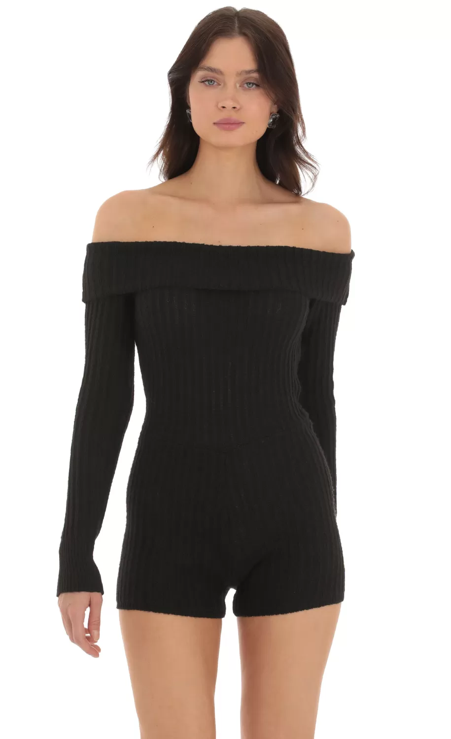 Off Shoulder Knit Romper In Black^LUCY IN THE SKY Shop