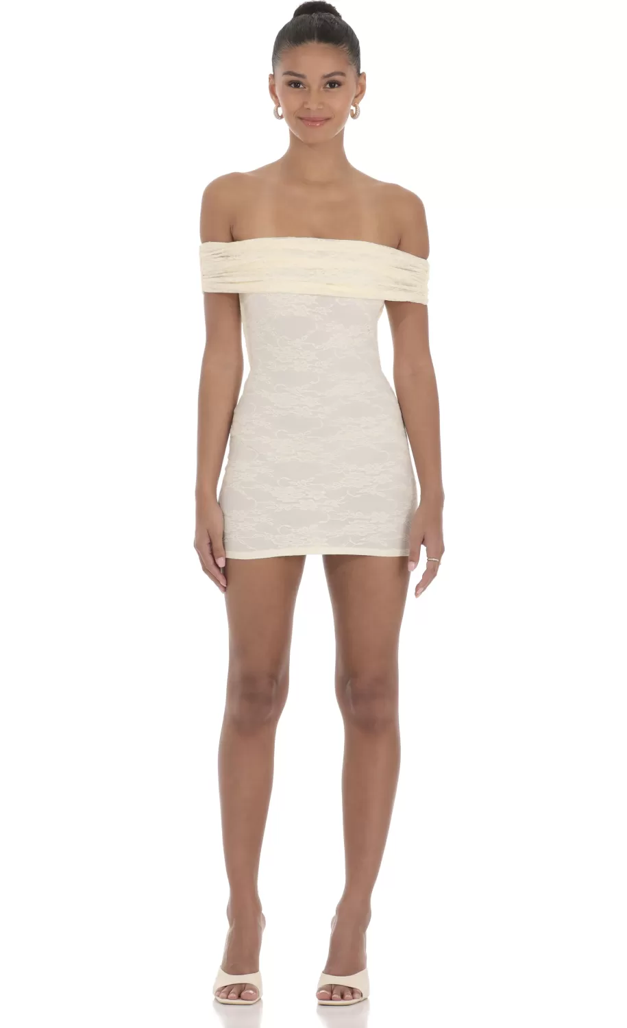 Off Shoulder Lace Bodycon Dress In Cream^LUCY IN THE SKY Cheap