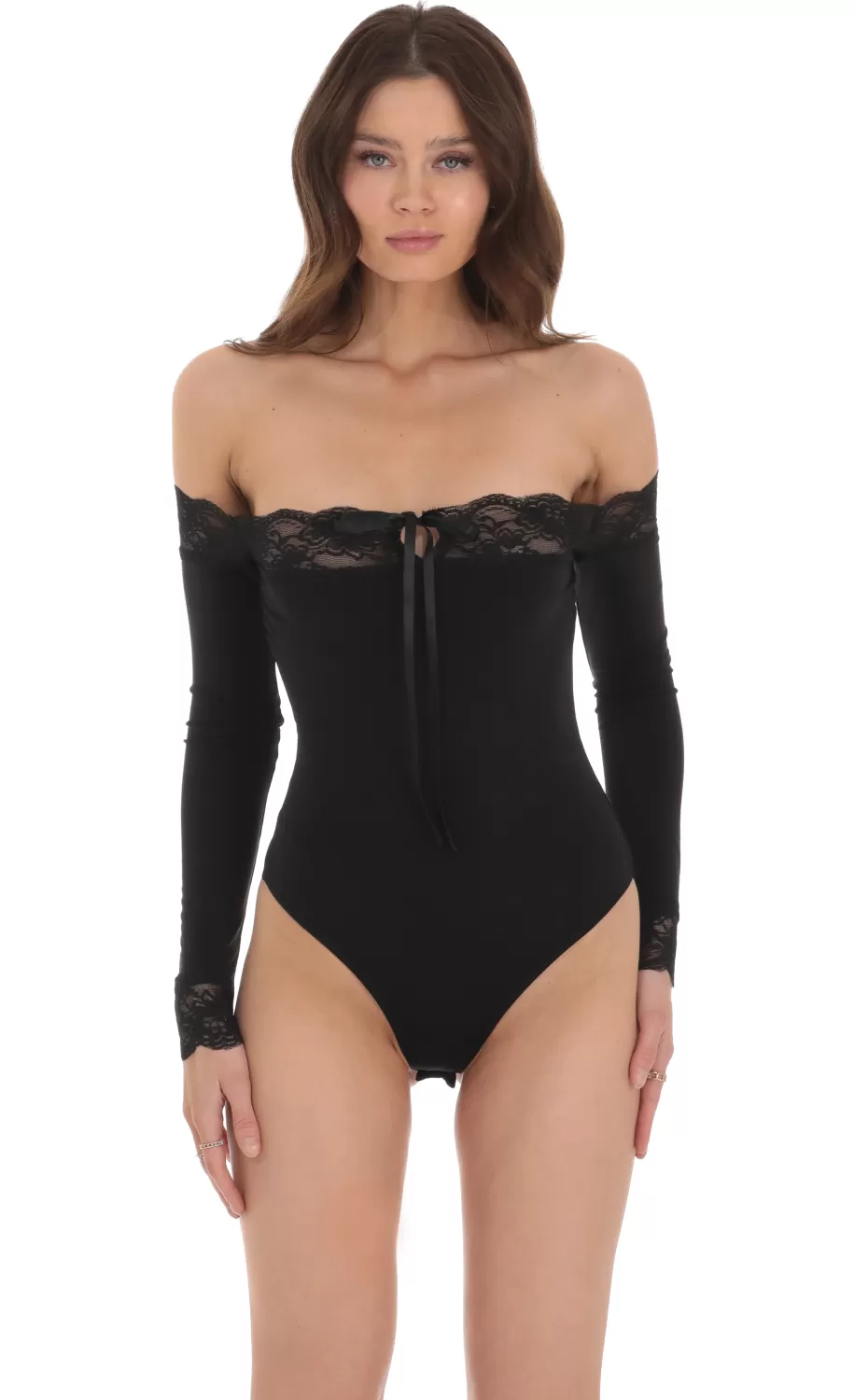 Off Shoulder Lace Bodysuit In Black^LUCY IN THE SKY Hot