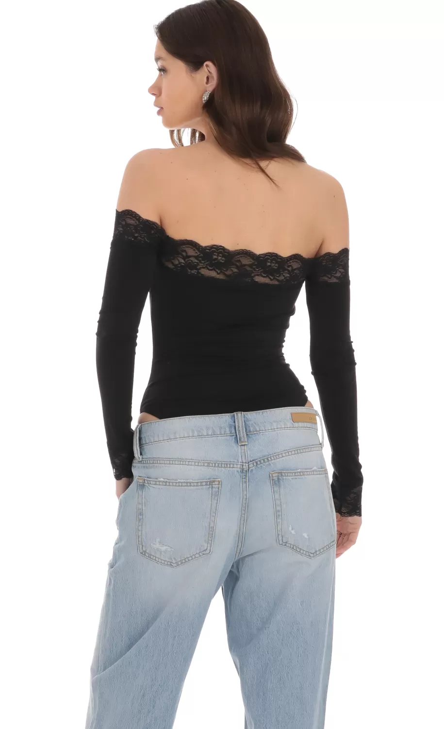 Off Shoulder Lace Bodysuit In Black^LUCY IN THE SKY Hot