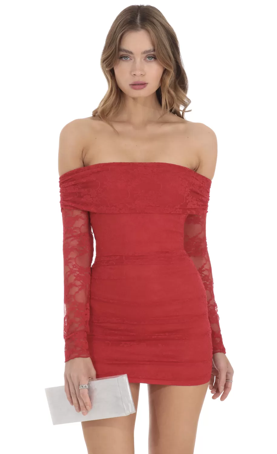 Off Shoulder Long Sleeve Lace Dress In Red^LUCY IN THE SKY Cheap