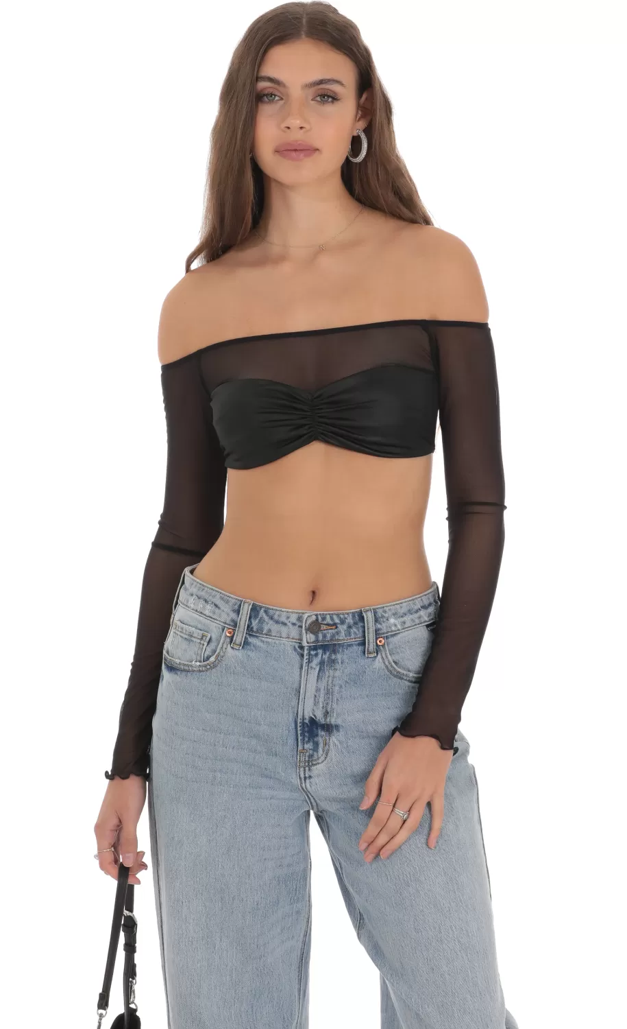 Off Shoulder Mesh Top In Black^LUCY IN THE SKY Store