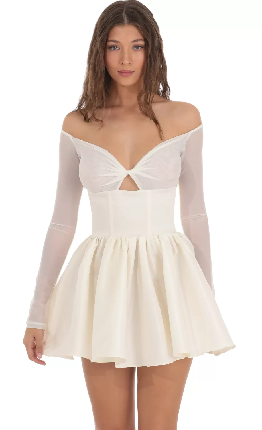Off Shoulder Mesh Twist Cutout Flair Dress In White^LUCY IN THE SKY Fashion