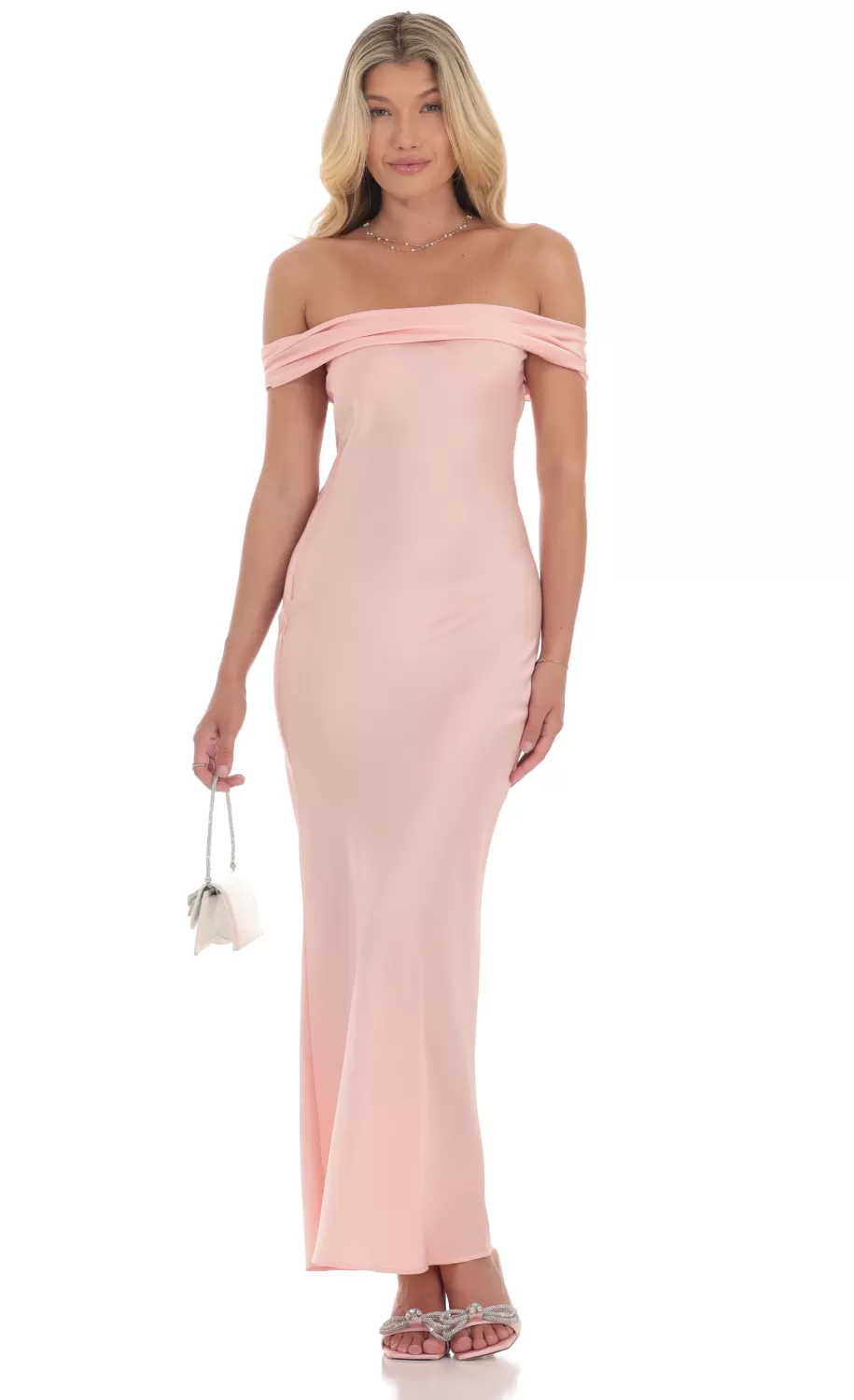 Off Shoulder Satin Maxi Dress In Pink^LUCY IN THE SKY Discount