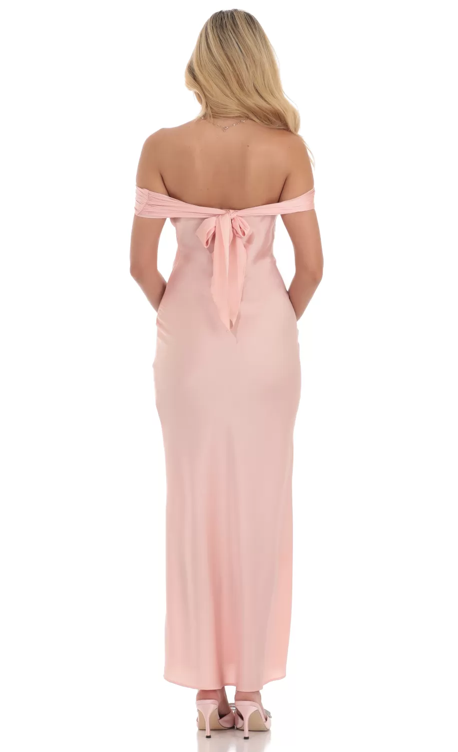 Off Shoulder Satin Maxi Dress In Pink^LUCY IN THE SKY Discount