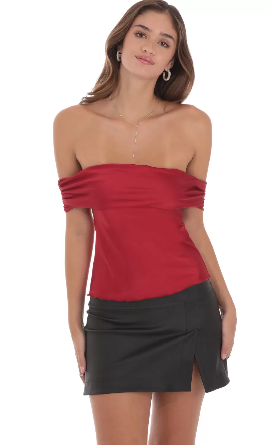 Off Shoulder Satin Top In Red^LUCY IN THE SKY Hot