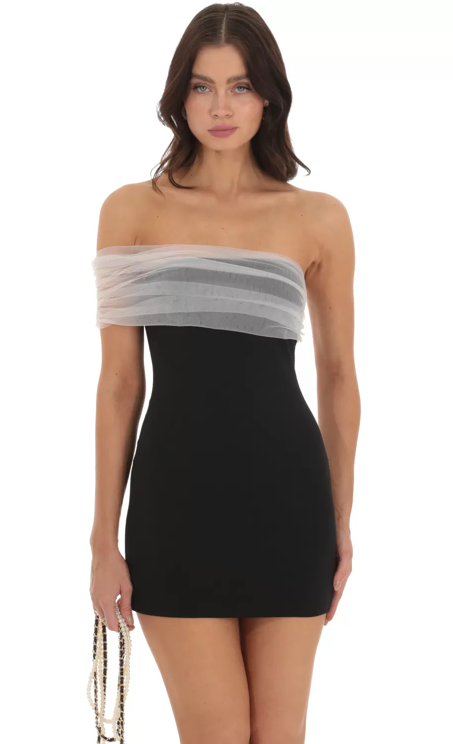 Off Shoulder Tulle Sleeve Dress In Black^LUCY IN THE SKY Outlet