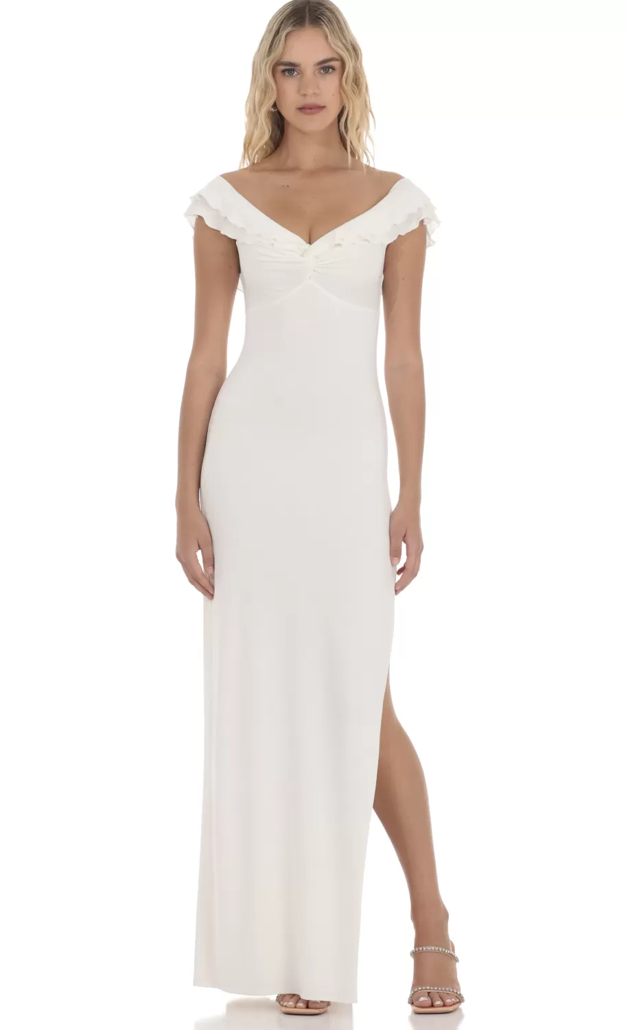 Off Shoulder Twist Maxi Dress In White^LUCY IN THE SKY Clearance