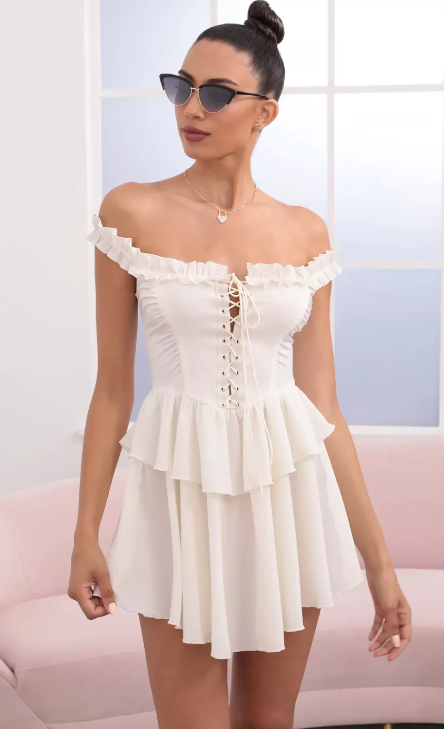 Off The Shoulder Lace Up Dress In Ivory^LUCY IN THE SKY Store