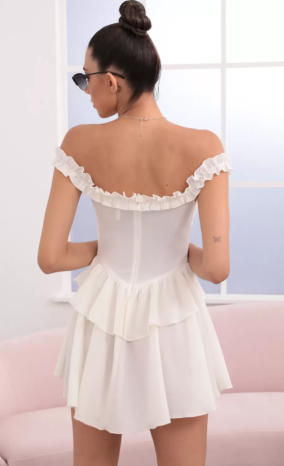Off The Shoulder Lace Up Dress In Ivory^LUCY IN THE SKY Store