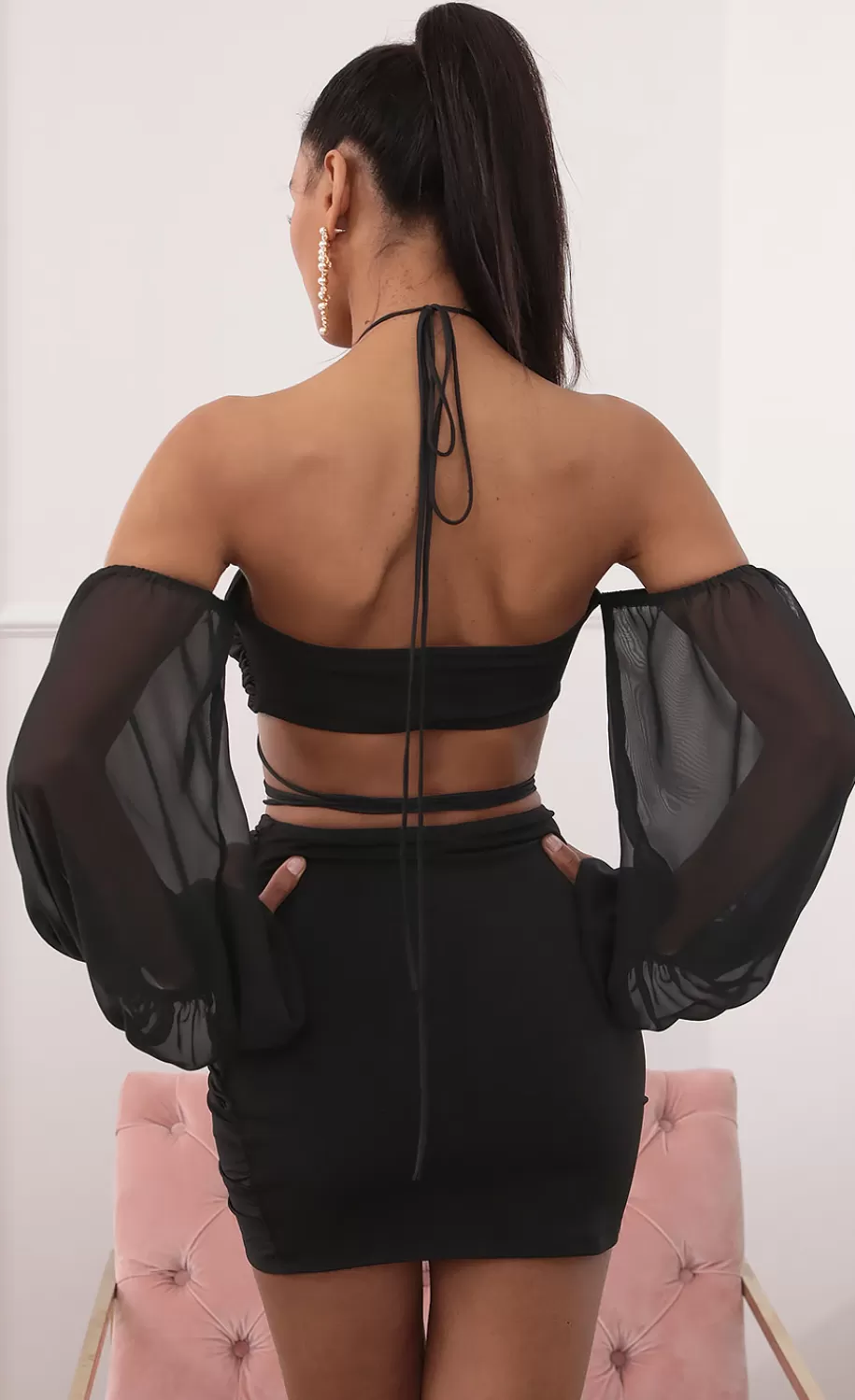 Off-the-Shoulder Two Piece Long Sleeve Set In Black^LUCY IN THE SKY Online