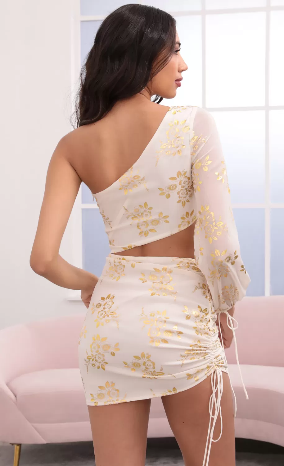 One Shoulder Dress In Gold Floral^LUCY IN THE SKY Outlet