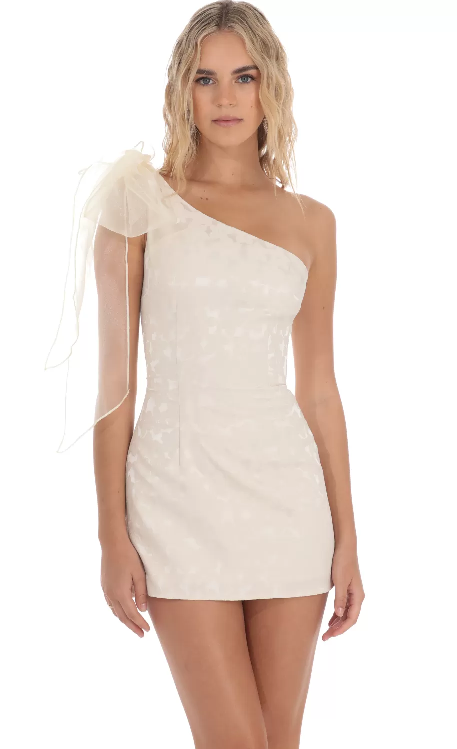 One Shoulder Jacquard Bow Dress In Cream^LUCY IN THE SKY Hot