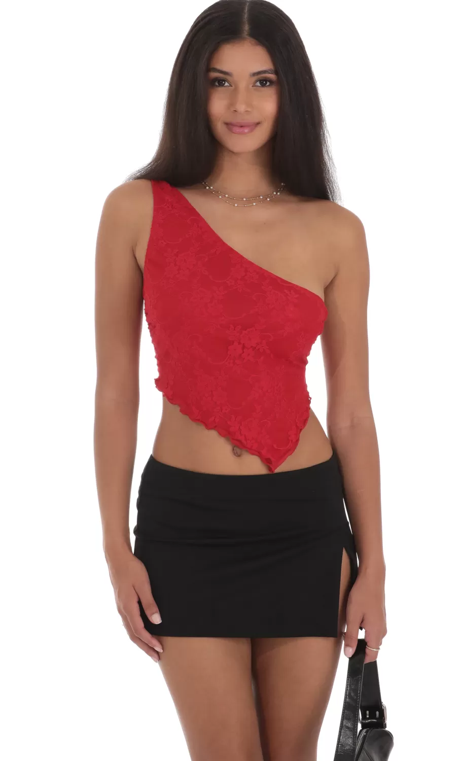 One Shoulder Lace Top In Red^LUCY IN THE SKY Outlet