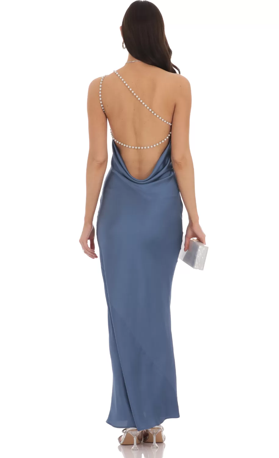 One Shoulder Pearl Satin Maxi Dress In Slate Blue^LUCY IN THE SKY Best Sale