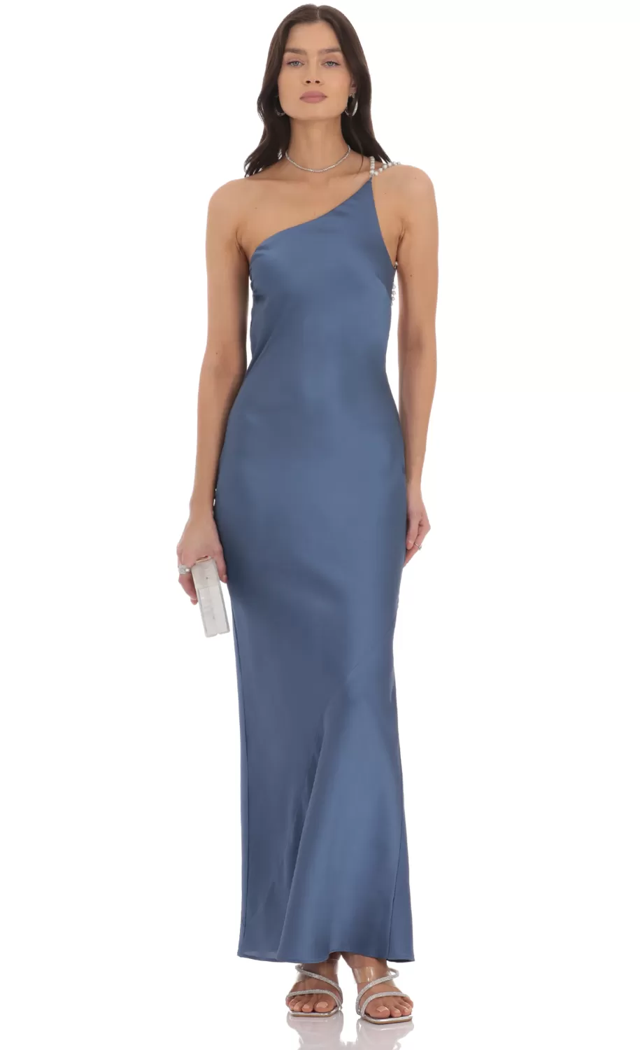 One Shoulder Pearl Satin Maxi Dress In Slate Blue^LUCY IN THE SKY Best Sale