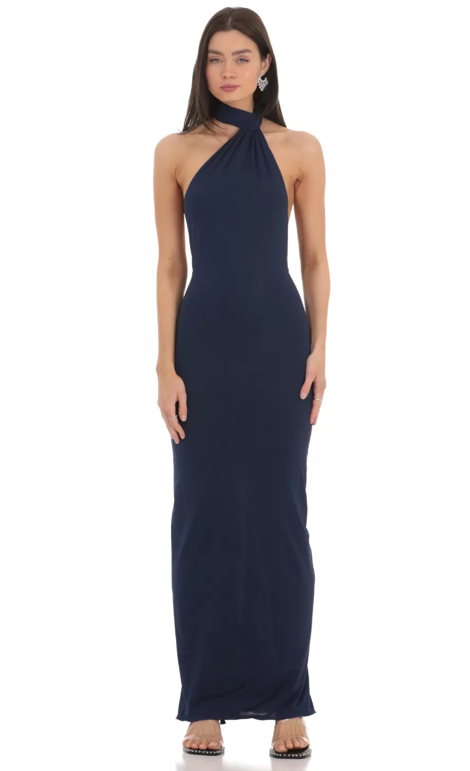 One Shoulder Scarf Strap Maxi Dress In Navy^LUCY IN THE SKY Fashion