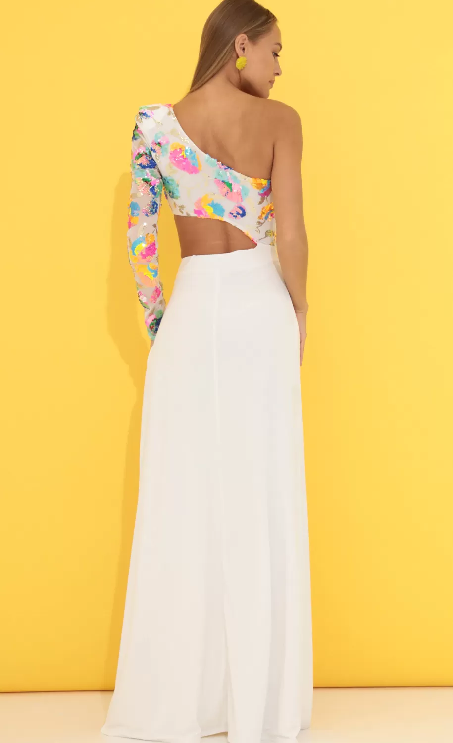 One Shoulder Sequin Maxi Dress In White^LUCY IN THE SKY Flash Sale