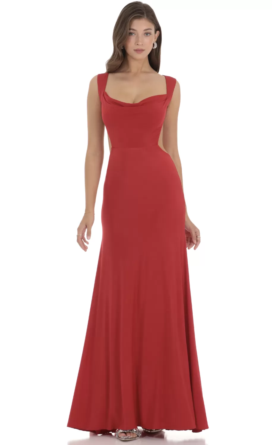 Open Back Cowl Neck Dress In Red^LUCY IN THE SKY Best Sale