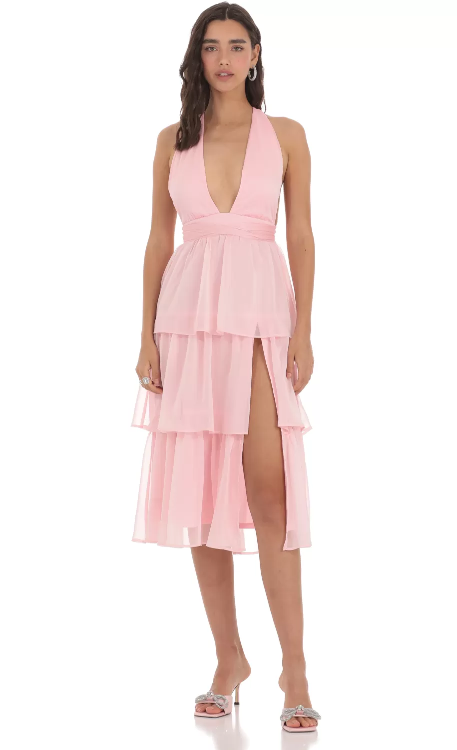 Open Back Ruffle Midi Dress In Pink^LUCY IN THE SKY Shop