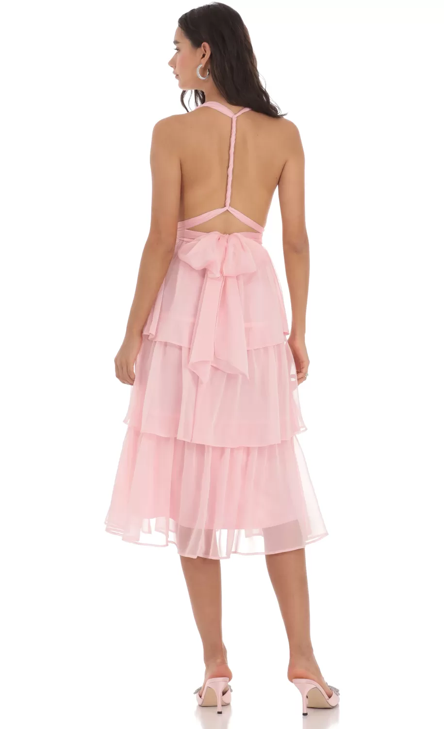 Open Back Ruffle Midi Dress In Pink^LUCY IN THE SKY Shop