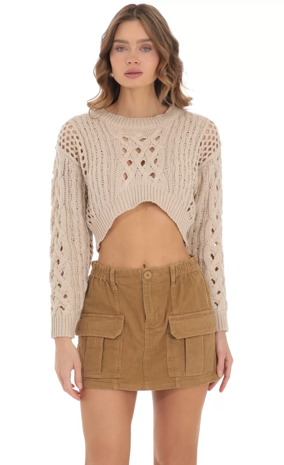 Open Knit Cropped Jumper In Beige^LUCY IN THE SKY Fashion