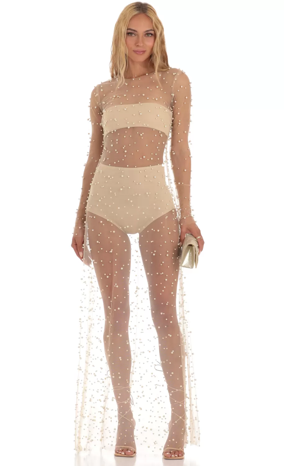 Pearl Mesh Dress In Beige^LUCY IN THE SKY Best Sale