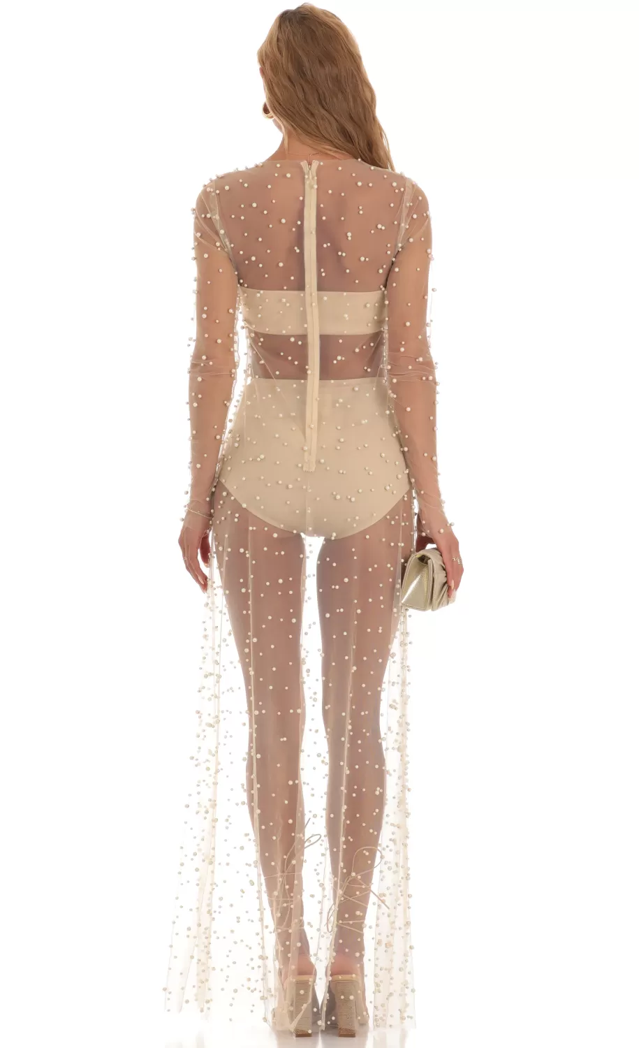 Pearl Mesh Dress In Beige^LUCY IN THE SKY Best Sale