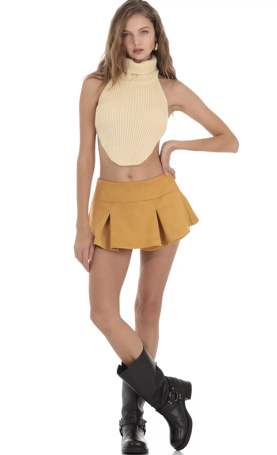 Pleated Mini Skort In Mustard^LUCY IN THE SKY Cheap