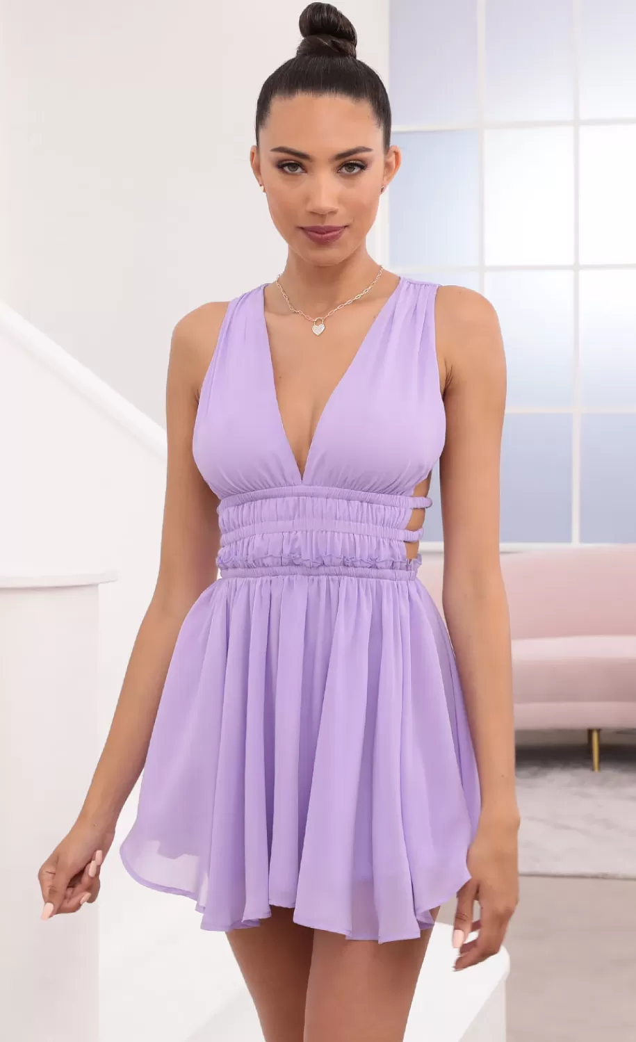 Plunge A-Line Dress In Lavender^LUCY IN THE SKY Clearance