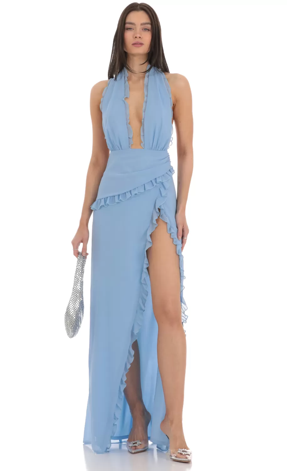 Plunge Neck Halter Dress In Blue^LUCY IN THE SKY Best