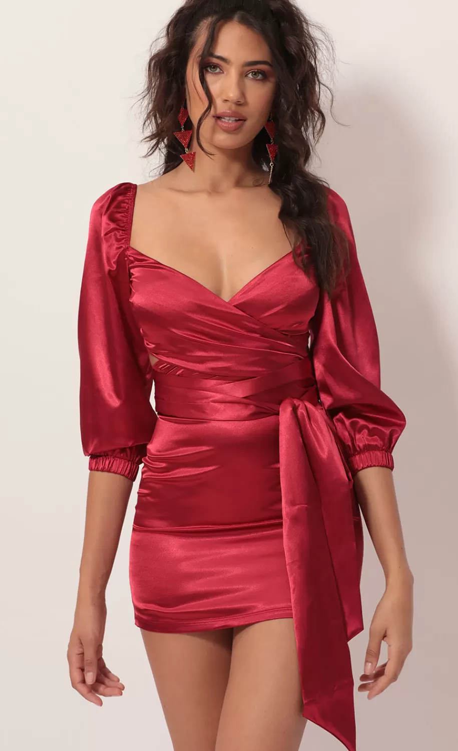 Puff Sleeve Wrap Dress In Red Satin^LUCY IN THE SKY Flash Sale