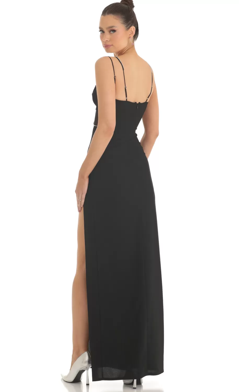 Rhinestone Crepe Cutout Maxi Dress In Black^LUCY IN THE SKY Cheap