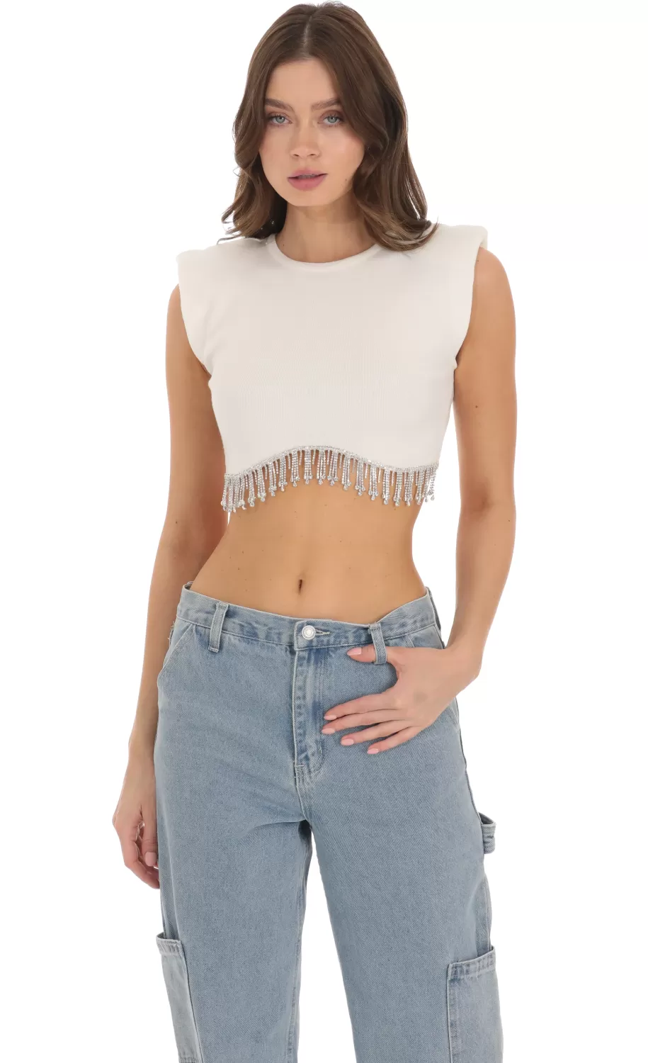 Rhinestone Fringe Knit Top In White^LUCY IN THE SKY Online