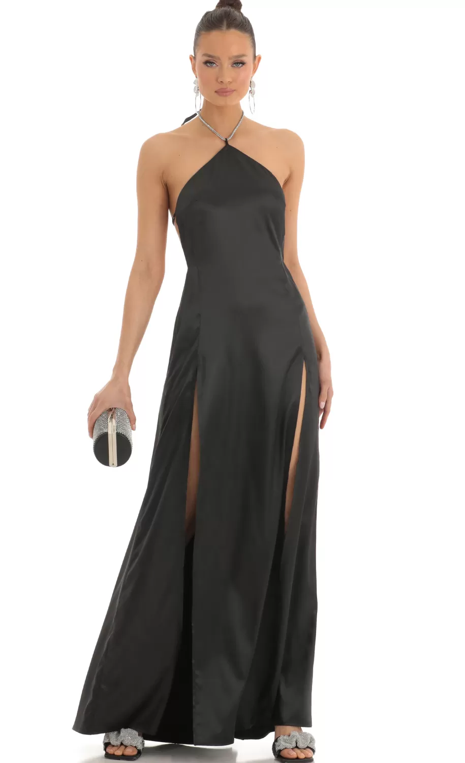 Rhinestone Halter Maxi Dress In Black^LUCY IN THE SKY Flash Sale