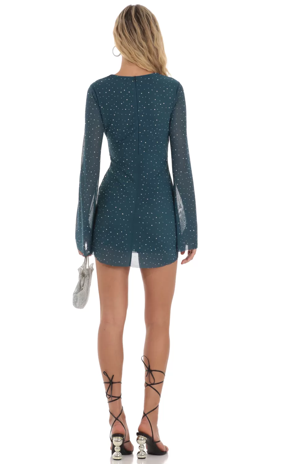 Rhinestone Plunge Neck Dress In Teal^LUCY IN THE SKY Shop