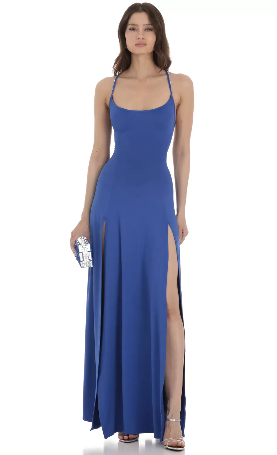 Rhinestone Slit Maxi Dress In Blue^LUCY IN THE SKY Fashion