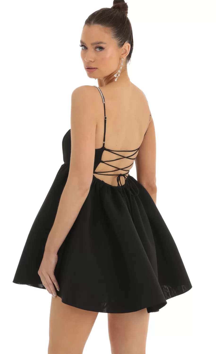 Rhinestone Strap Baby Doll In Black^LUCY IN THE SKY Clearance