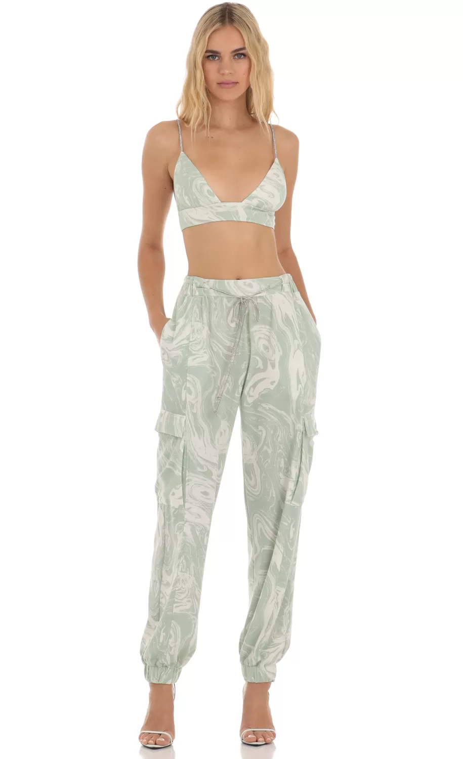 Rhinestone Two Piece Set In Green Swirl^LUCY IN THE SKY Outlet