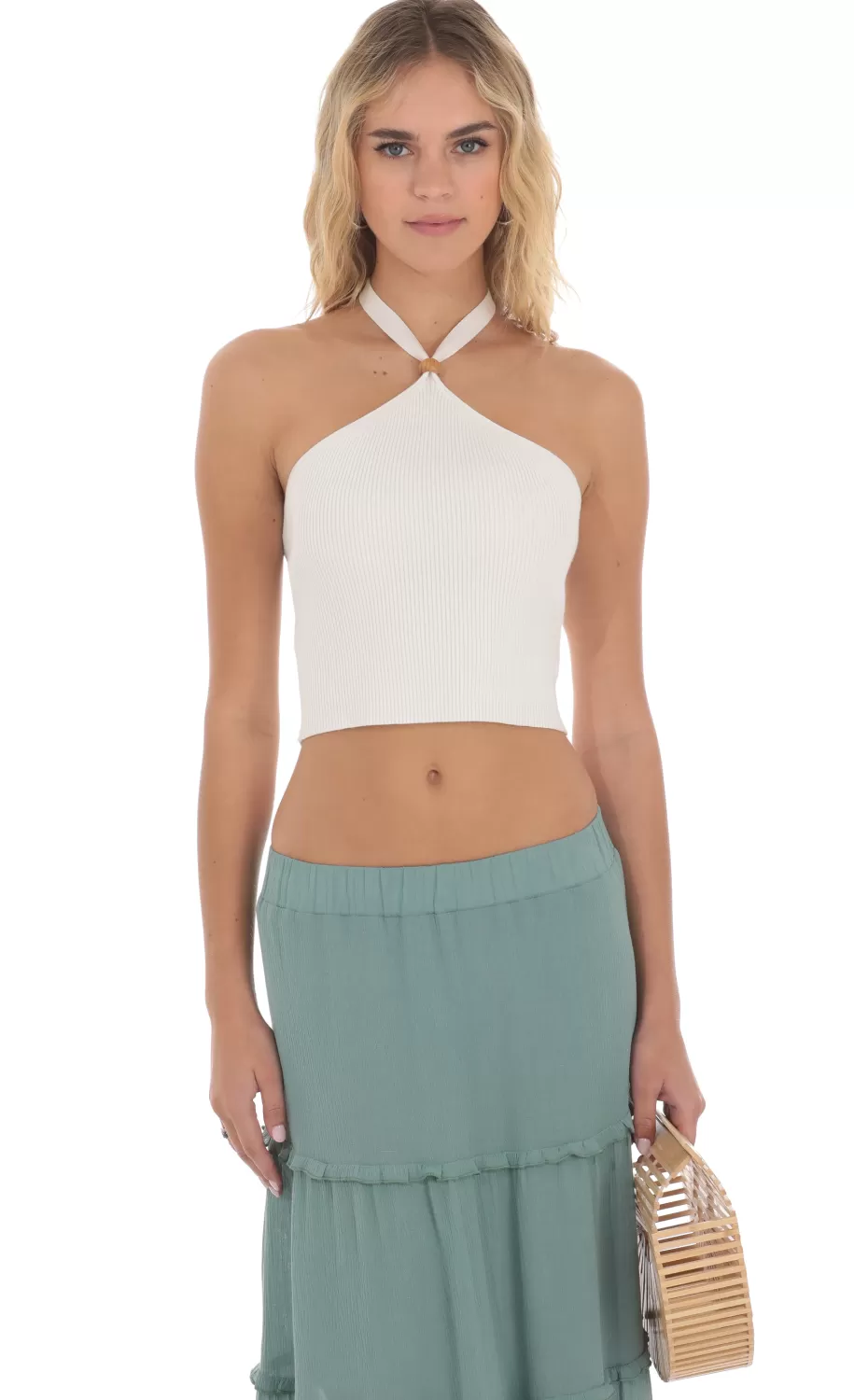 Ribbed Bead Halter Top In White^LUCY IN THE SKY Best Sale