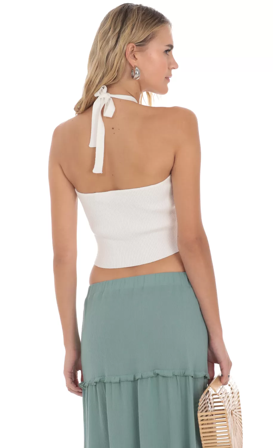 Ribbed Bead Halter Top In White^LUCY IN THE SKY Best Sale