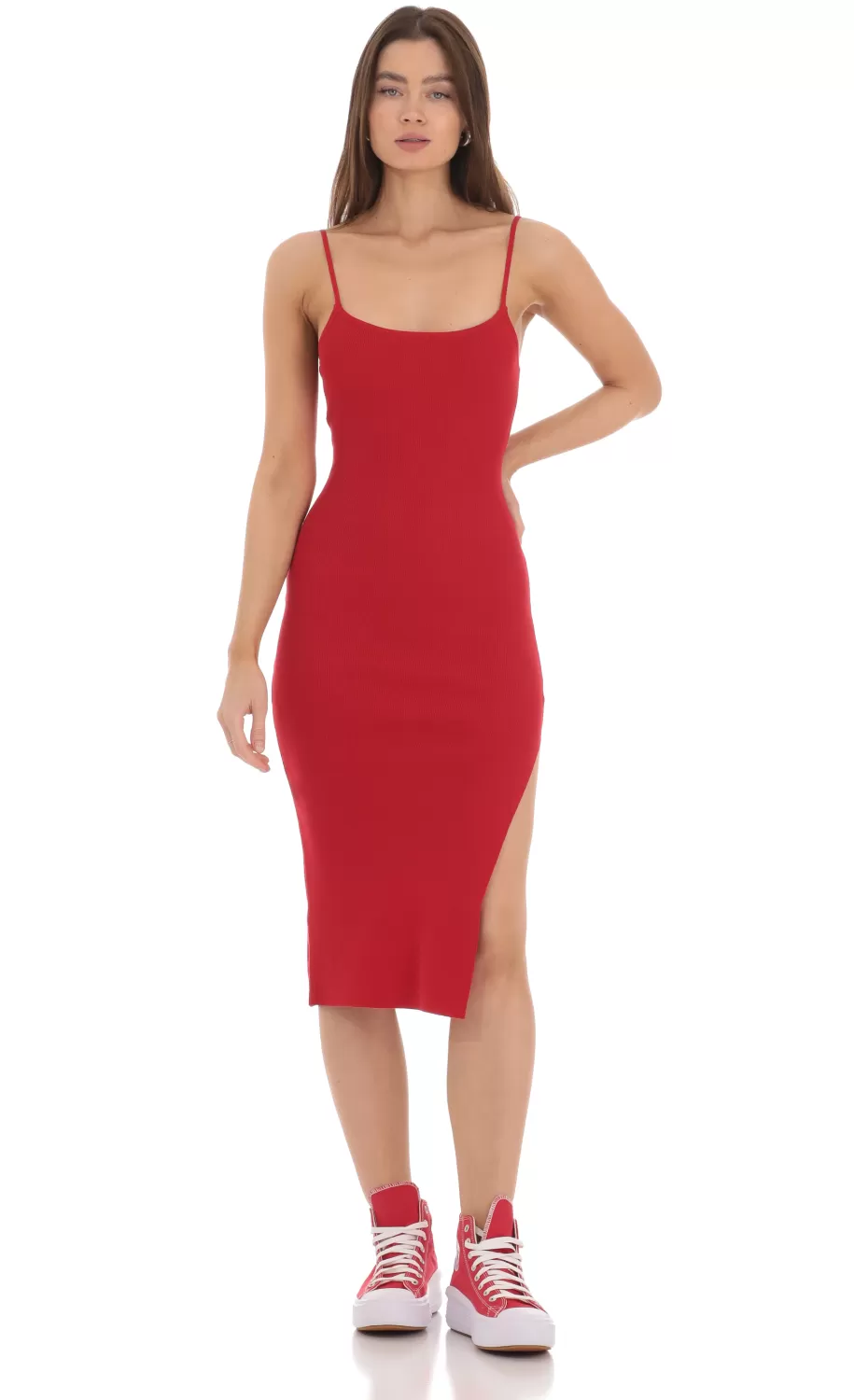 Ribbed Bodycon Midi Dress In Red^LUCY IN THE SKY Clearance