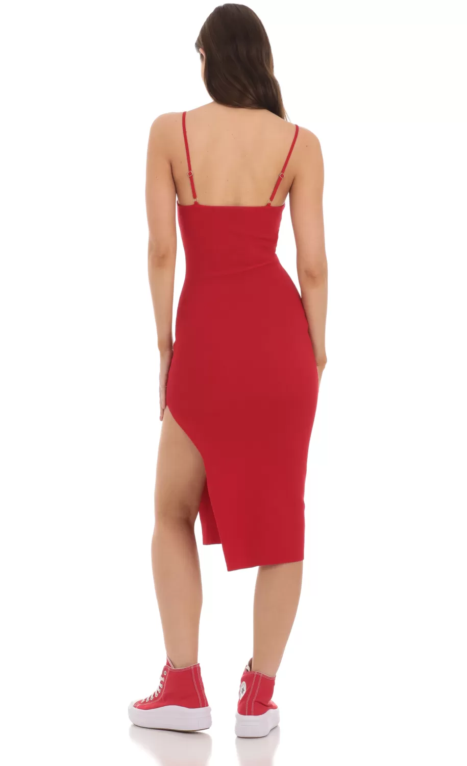 Ribbed Bodycon Midi Dress In Red^LUCY IN THE SKY Clearance