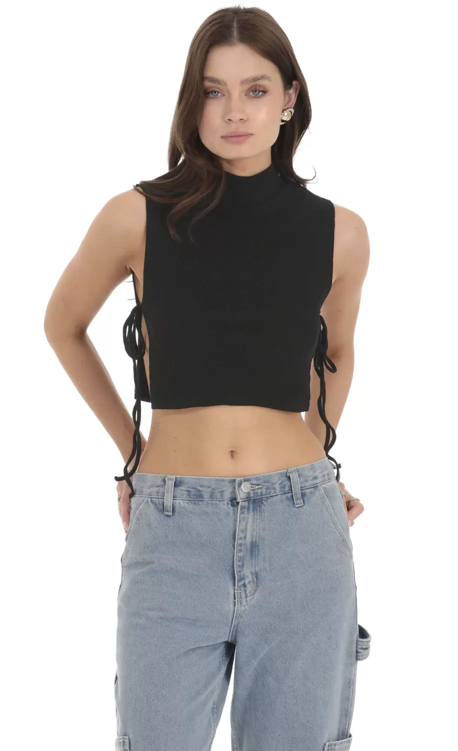 Ribbed Mock Neck Top In Black^LUCY IN THE SKY Flash Sale