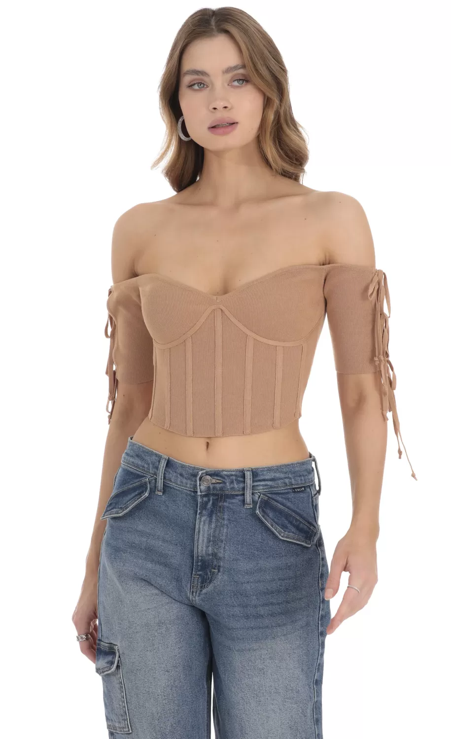 Ribbed Off Shoulder Corset Top In Brown^LUCY IN THE SKY Best